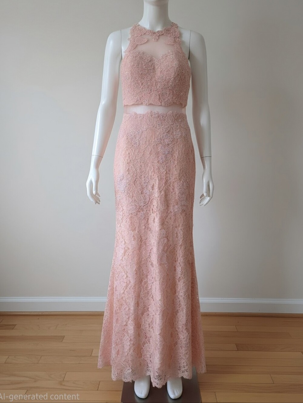 May Queen Peach Lace Formal Gown